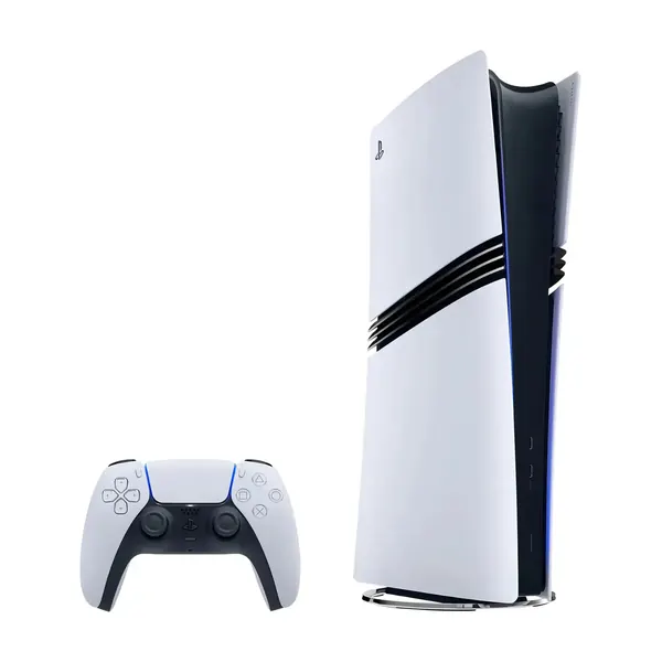 Console PlayStation 5 Pro, branco, em pé, ao lado do controle DualSense