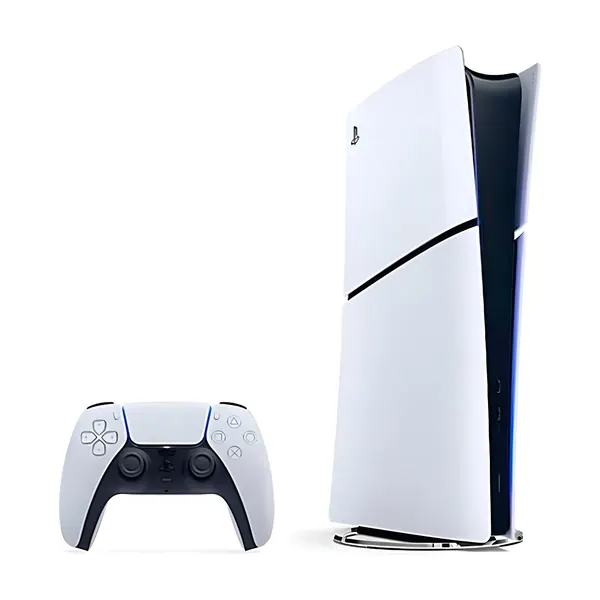 Console PlayStation 5 Slim digital, branco, em pé, ao lado do controle DualSense