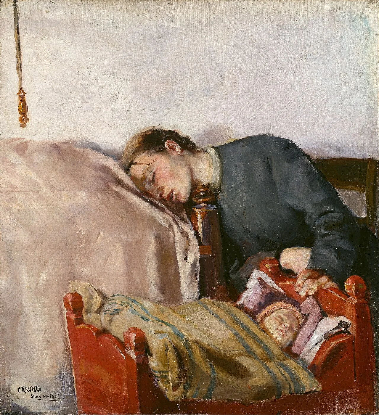Pintura de mãe segurando o filho no colo, cena doméstica de afeto materno