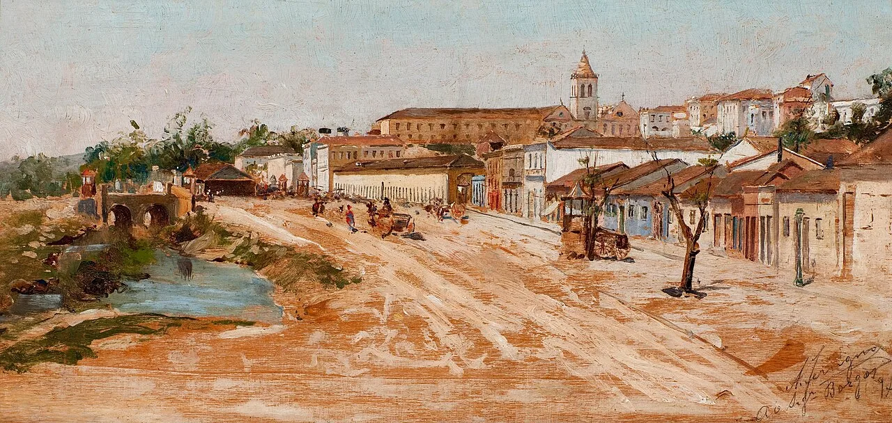 Pintura da Rua 25 de Março, em São Paulo, retratando o movimentado comércio de rua no início do século XX