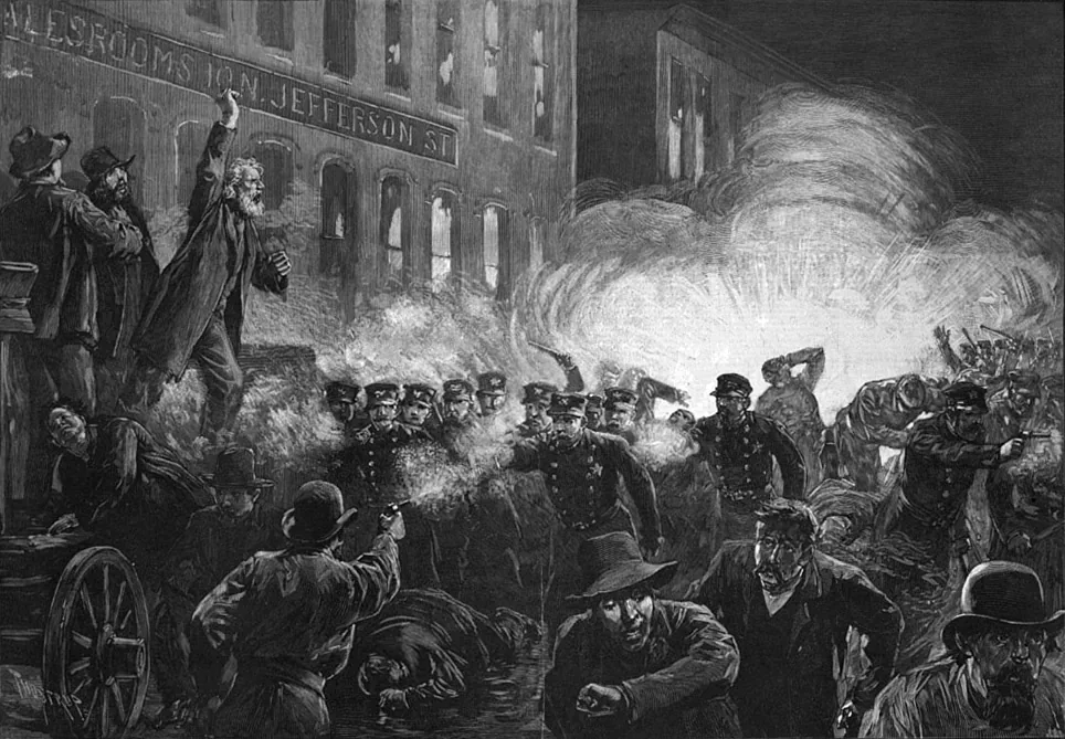 Gravura do confronto na praça Haymarket, em Chicago, em 4 de maio de 1886, com a explosão da bomba durante o comício operário