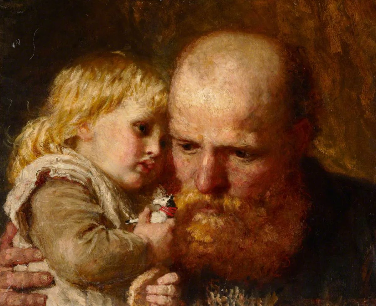 Pintura de pai com a criança no colo, cena doméstica de afeto paterno