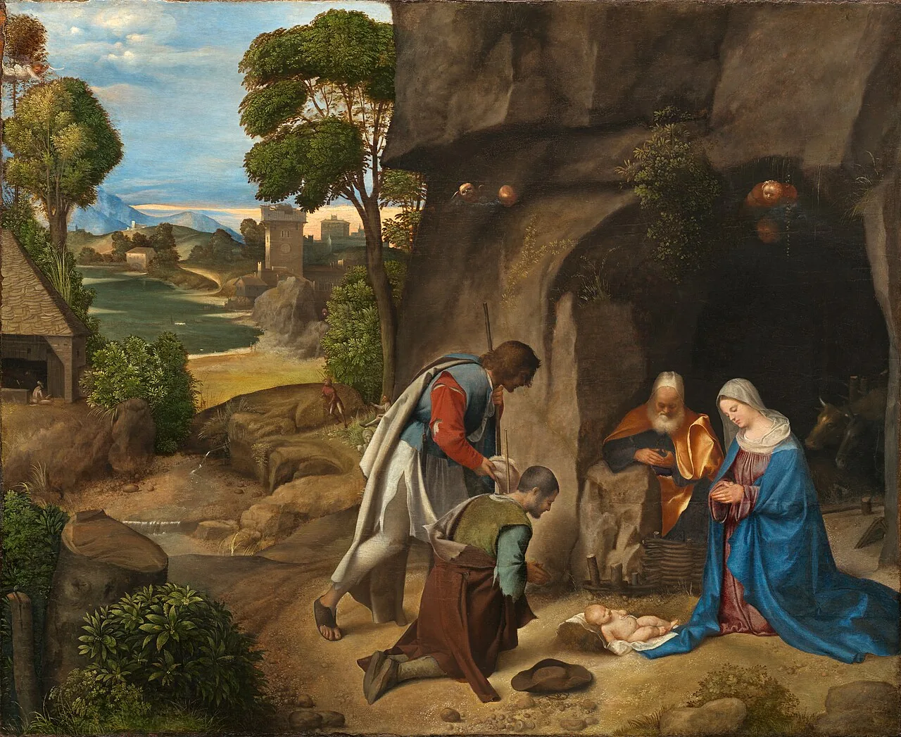 Pintura A Adoração dos Pastores, de Giorgione, mostrando o nascimento de Jesus na manjedoura com Maria, José e os pastores ajoelhados, obra renascentista da National Gallery of Art