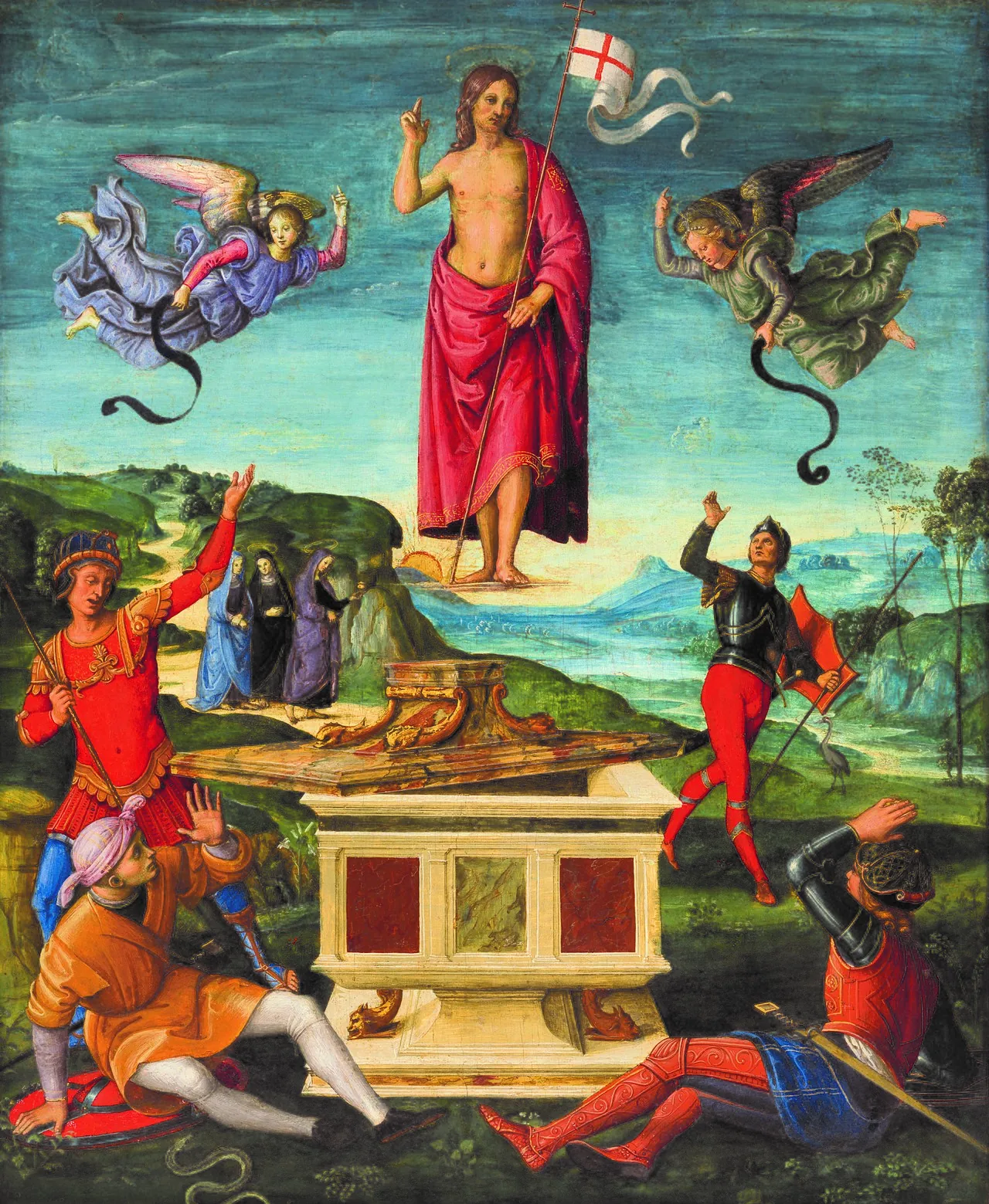 Pintura da Ressurreição de Cristo, de Rafael, mostrando Jesus erguendo-se do túmulo cercado por anjos e guardas