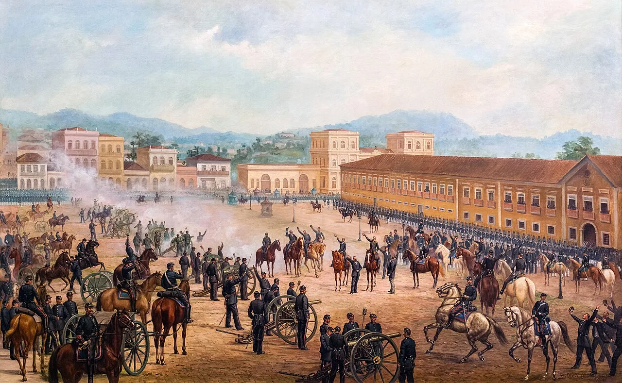 Pintura Proclamação da República, de Benedito Calixto (1893), com o Marechal Deodoro da Fonseca a cavalo saudando a tropa no Campo de Santana, no Rio de Janeiro