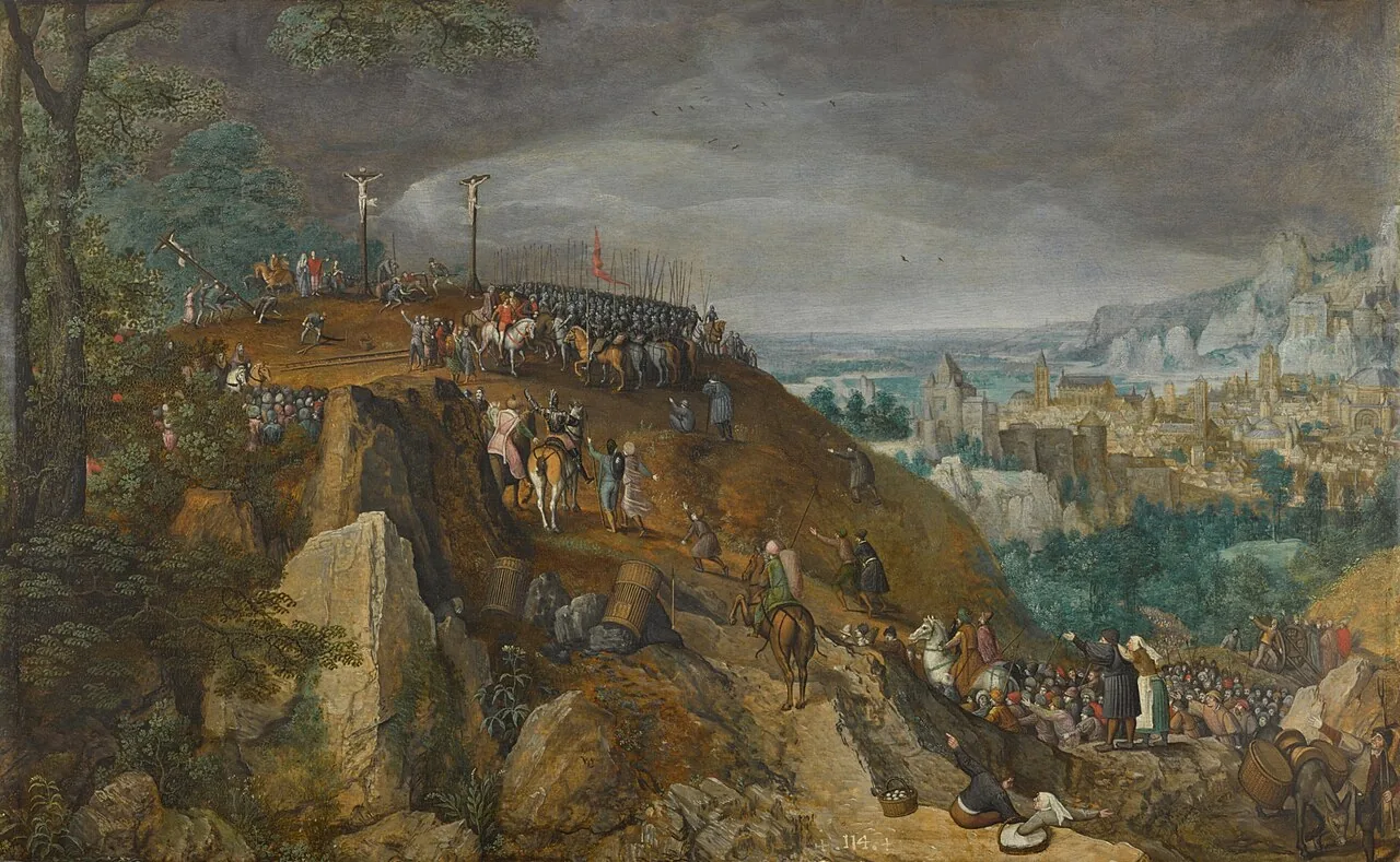 Pintura A Crucificação de Cristo no Monte Calvário, de Lucas van Valckenborch, com Jesus na cruz entre os dois ladrões e a multidão reunida no Gólgota