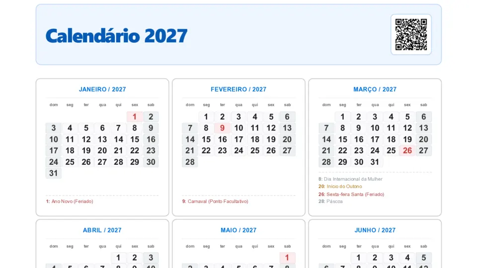 Parte superior da folha do Calendário 2027 para imprimir, com os meses de janeiro a junho e os feriados marcados em vermelho