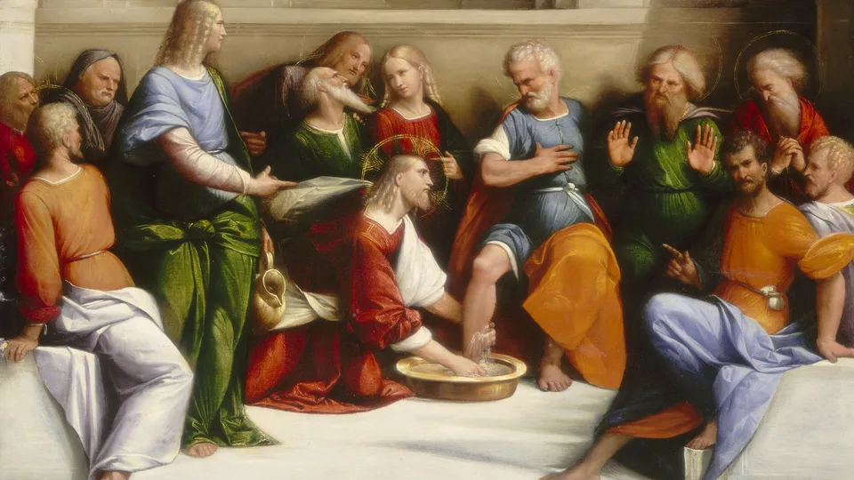 Pintura renascentista de Jesus lavando os pés dos apóstolos, a cena lembrada na Quinta-feira Santa
