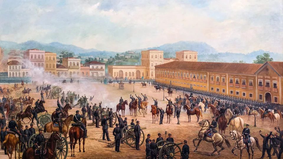 Pintura da Proclamação da República, com tropas a cavalo e canhões no Campo de Santana, no Rio de Janeiro