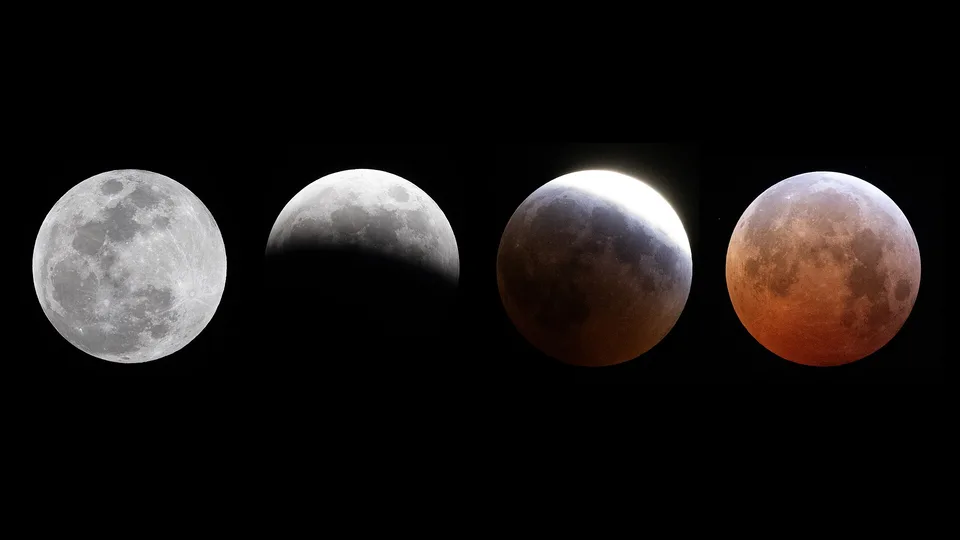 Quatro fotos da Lua lado a lado no eclipse total: Lua Cheia branca, a sombra da Terra cobrindo parte dela e a Lua inteira avermelhada