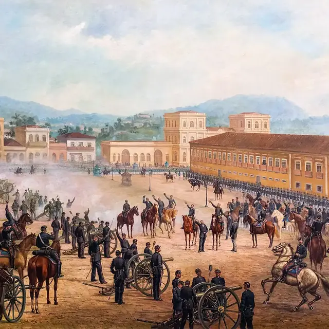 Pintura de Benedito Calixto, de 1893, retratando a Proclamação da República, com tropas em formação