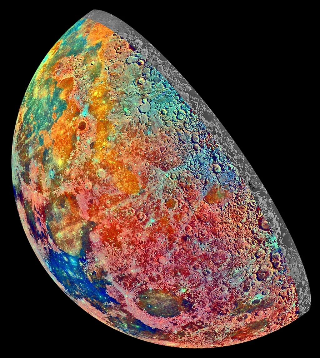 Mosaico em false color da Lua capturado pela sonda Galileo, revelando diferenças composicionais entre os terrenos maria e highlands.